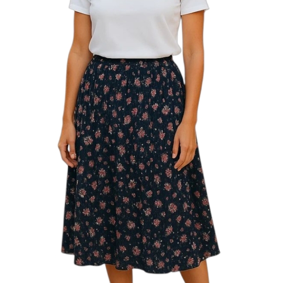 Vintage Pleated Jayne Thomas Floral Black Midi Skirt - Picture 1 of 6